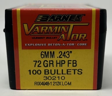 Barnes 6mm (.243 Dia) Reloading Bullets Varmin-A-Tor B30210 72 Grain Flat Base Hollow Point 100 Pieces