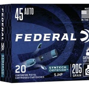 Federal 45 Auto Ammunition S45SJT1 Syntech 205 Grain Semi-Jacketed Hollow Point 20 Rounds