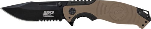 S&W KNIFE M&P INDEX FLIPPER - 3.5" BLACK/DESERT TAN CLIP PT