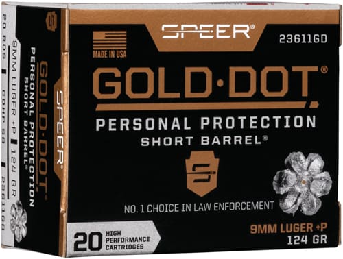 SPEER GOLD DOT SHORT BBL 9MM - LUGER +P 124GR GDHP 20RD 10B/C