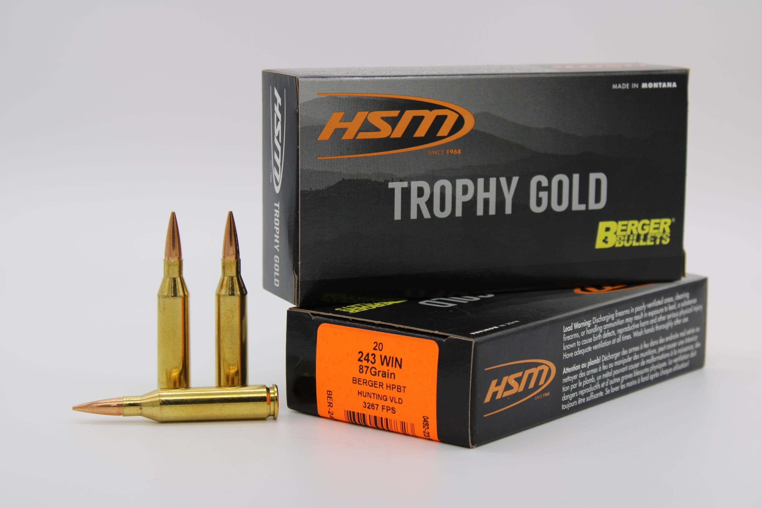 HSM AMMUNITION 243 WIN 87GR BERGER HNT VLD 20RD BOX 25 BOXES PER CASE