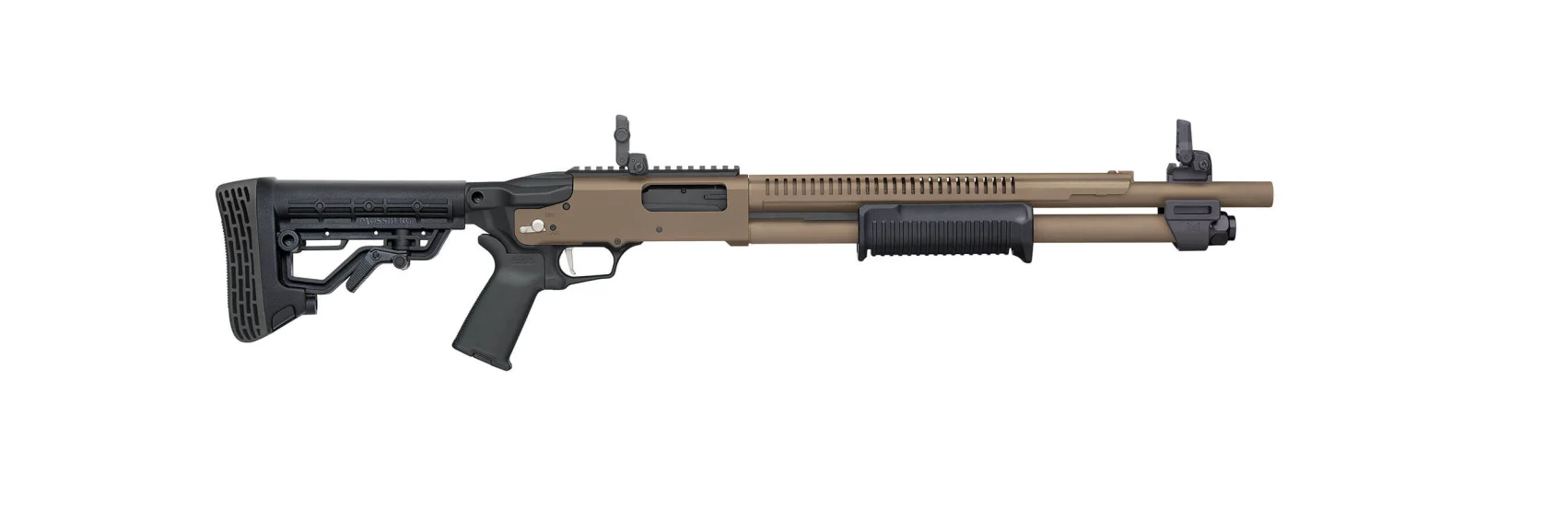 MOSSBERG 590R CERAKOTE 12G 3" SHOTGUN 18.5" W/ H.S., FDE, MOE GRIP/FLIP UP, 5 POSITION STOCK, 6+1