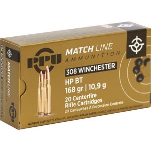 Prvi PPU Match 308 Winchester/7.62 NATO Match Ammunition PPM3082 168 Grain Hollow Point Boat Tail 20 Rounds
