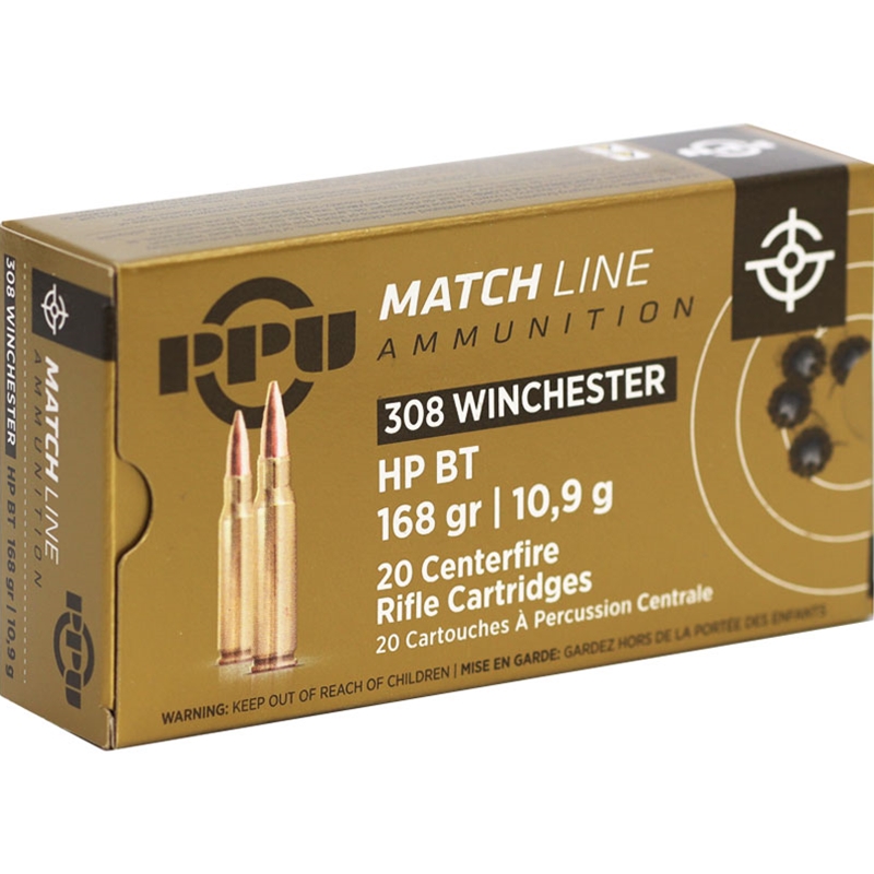 Prvi PPU Match 308 Winchester/7.62 NATO Match Ammunition PPM3082 168 Grain Hollow Point Boat Tail 20 Rounds