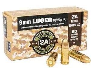 2A Patriot Sports 9mm Luger Ammunition P9MM124FMJ 124 Grain Full Metal Jacket 50 Rounds