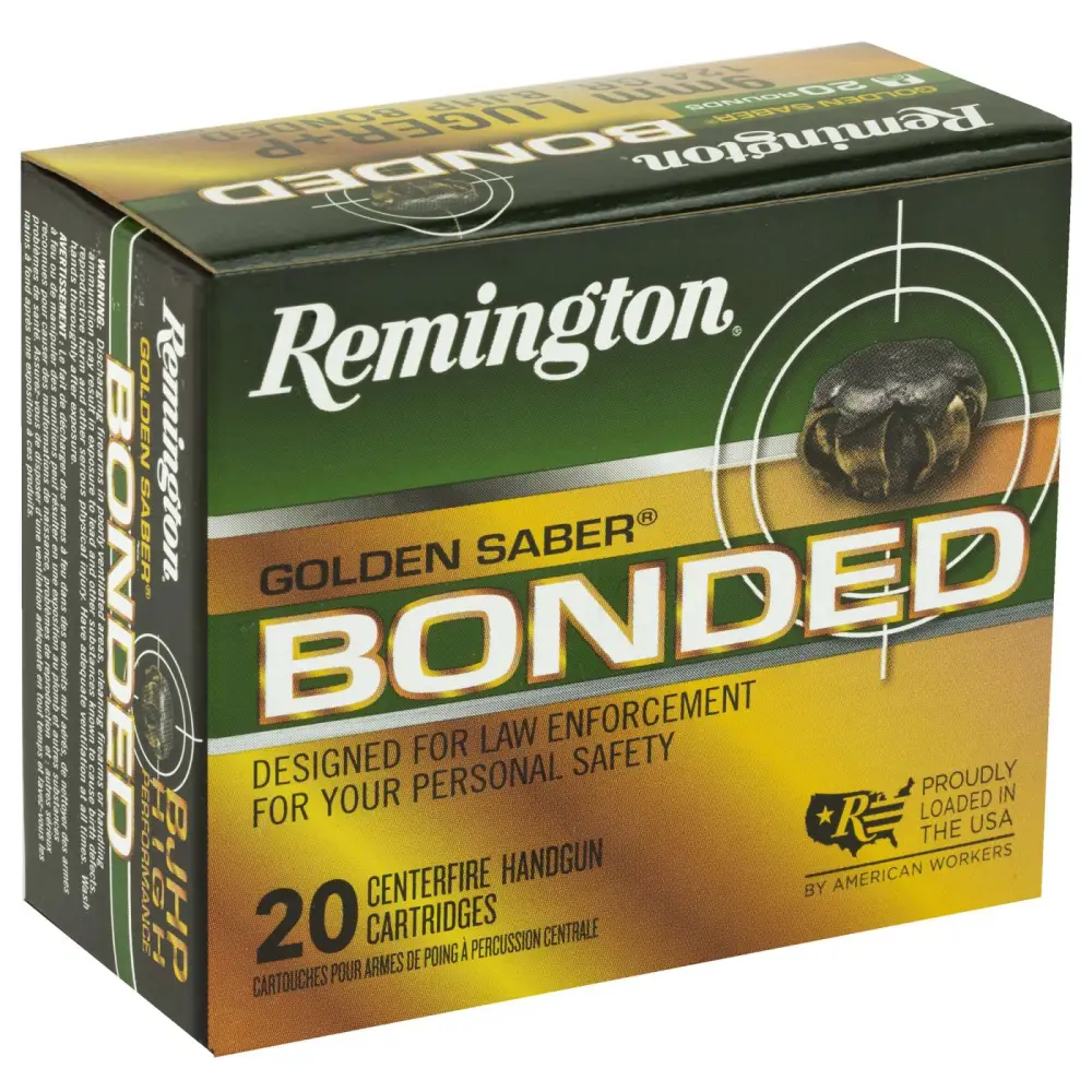 REMINGTON 9MM LUGER +P 124GR BJHP GOLDEN SABER BONDED 20 RD/BX 25 BX/CS