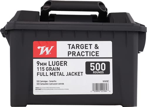 WINCHESTER 9MM LUGER 115GR FMJ - RN CASE OF (2) 500RD AMMO CANS