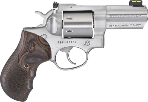 RUGER GP100 357MAG 3" FS - STAINLESS WOOD UNFLUTED CYL.