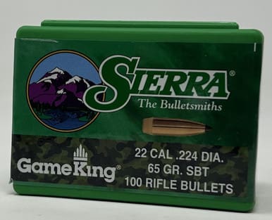 Sierra 22 Cal (.224 Dia) Reloading Bullets Gameking SRAA1395 65 Grain Boat Tail Spitzer Soft Point 100 Pieces