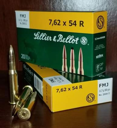 Sellier & Bellot 7.62x54R Ammunition Rifle Training SB76254RA 180 Grain Full Metal Jacket 20 Rounds