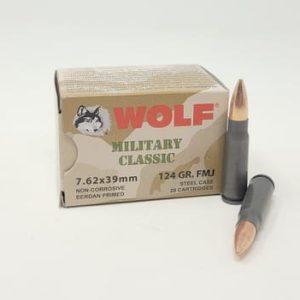 Wolf 7.62x39mm Ammunition Military Classic WMC76239FMJ124 124 Grain Bi-Metal Full Metal Jacket 20 Rounds