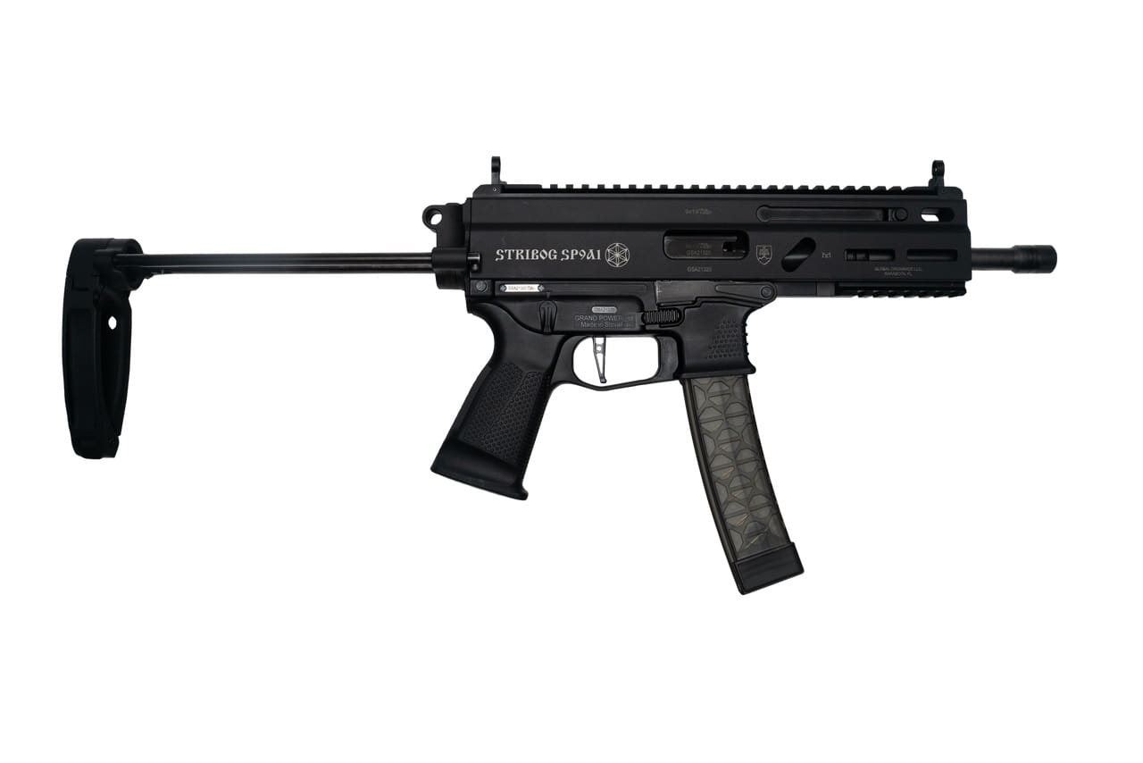 Grand Power Stribog SP9A1 Pistol - Black | 9mm | 8" Threaded Barrel | 30rd | PDW Brace w/ Tailhook
