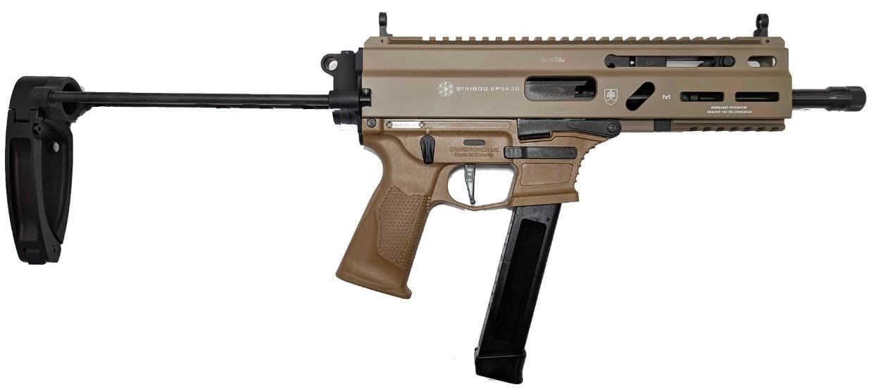 Grand Power Stribog SP9A3G Pistol - FDE | 9mm | 8" Threaded Barrel | 30rd | Utilizes Glock Style Mags | PDW Brace w/ Tailhook