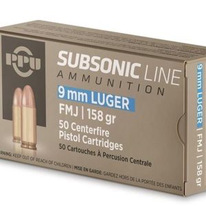 PPU 9MM LUGER SUBSONIC 158GR FMJ 50RD BOX 20 BOXES PER CASE