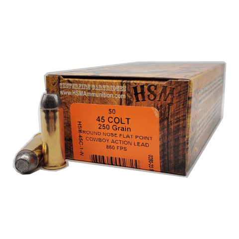 HSM AMMUNITION 45 LONG COLT 250GR HL RNFP 50RD BOX 10 BOXES PER CASE
