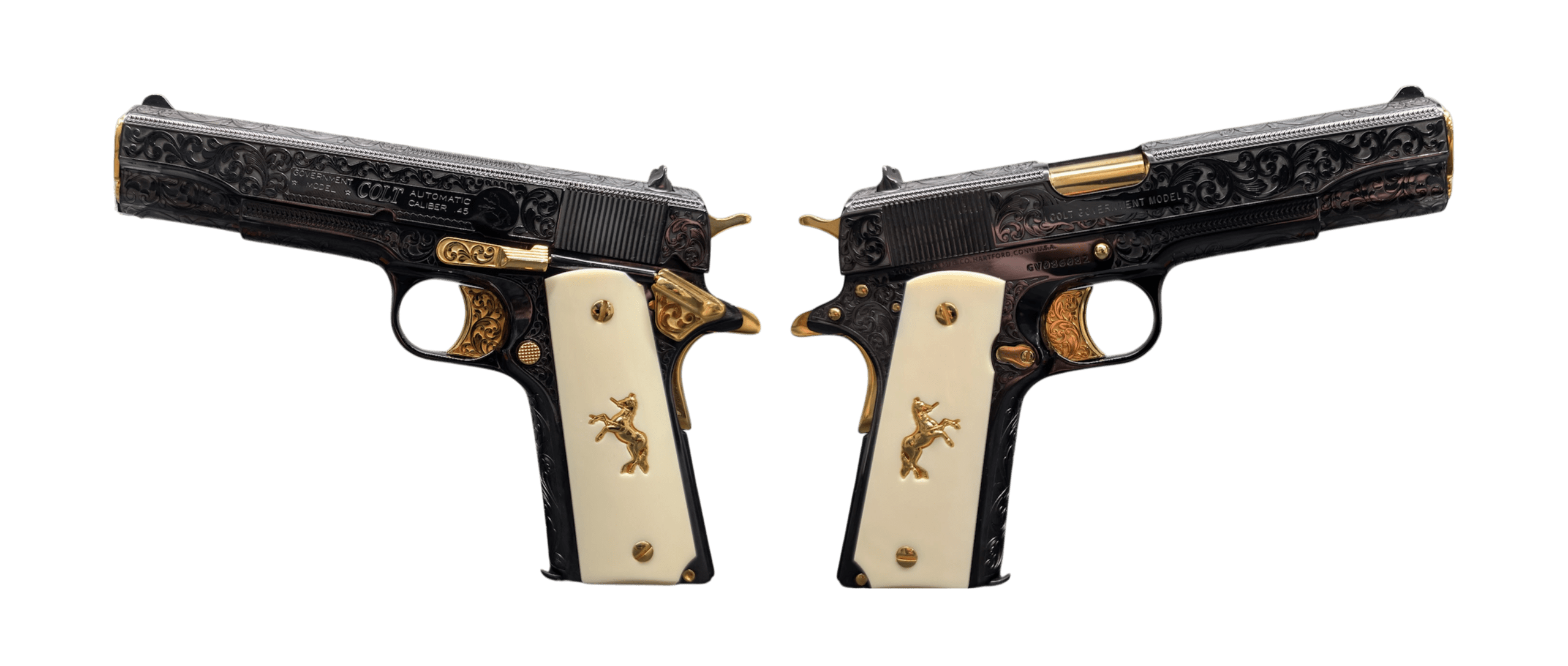 COLT 1911 GOVT 45ACP DEEP ENGRAVED, GOLD PLATED, IVORY GRIP, UPGRADED ENGRAVED TRIGGER 5" 7+1 BLUED
