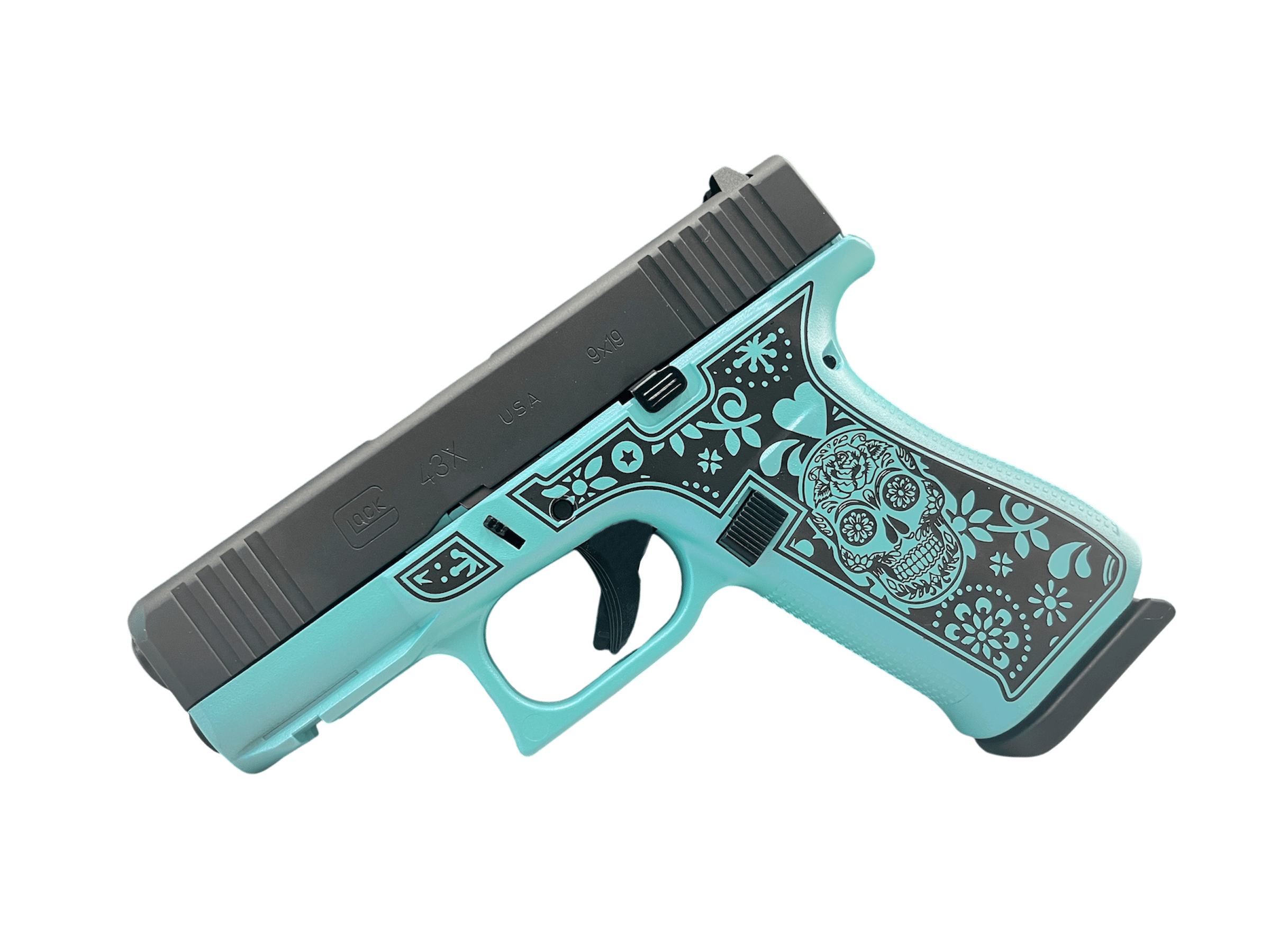 GLOCK 43X TEAL SUGAR SKULL 9MM PISTOL 3.39" FXD 5.5lb 2-10RD MAGS