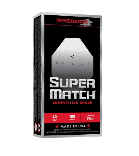 Winchester 40 S&W Ammunition Super Match SM40FN180 180 Grain Flat Nose Full Metal Jacket 50 Rounds