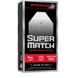 Winchester 9mm Ammunition Super Match SM9RN115 115 Grain Round Nose Full Metal Jacket 50 Rounds