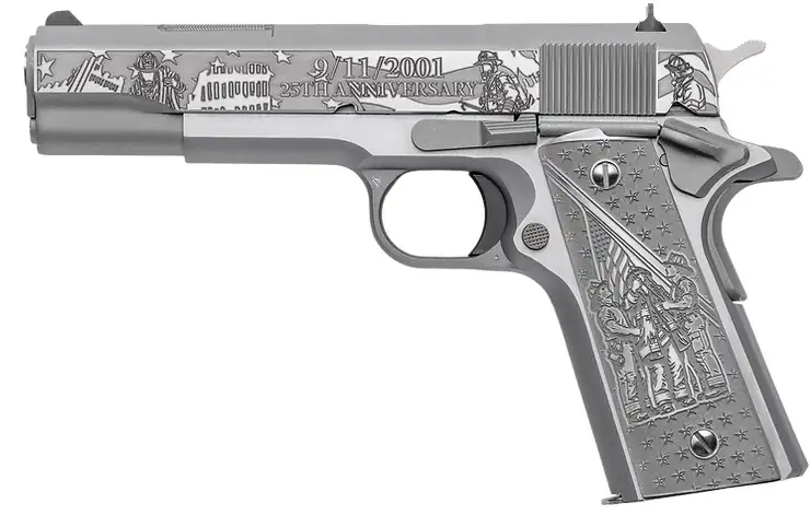 COLT REMEMBER 9/11 1911 45ACP PISTOL STAINLESS ENGRAVED 25TH ANNIVERSARY, ENGRAVED ALUMINUM GRIPS