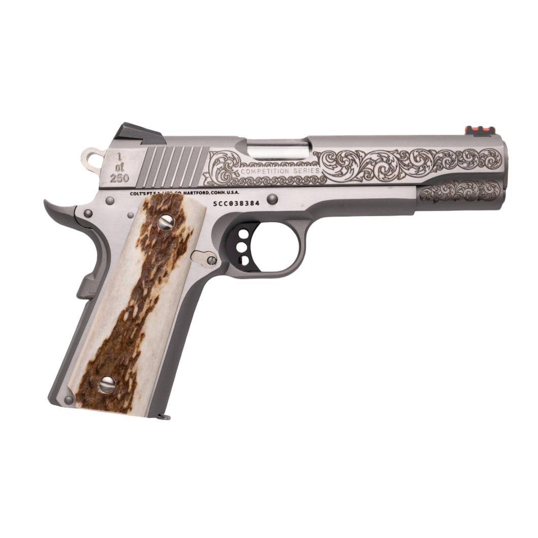 Colt Government CNC Custom Engraved Competition Handgun .45 Auto 7rd Magazine 5" Barrel Stainless Finish Fiber Sight Stag Grips