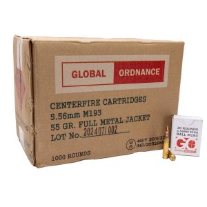 Global Ordnance M193 Rifle Ammunition 5.56X45 NATO 55gr FMJ 3162 fps 1000/ct Case (50-20/ct)