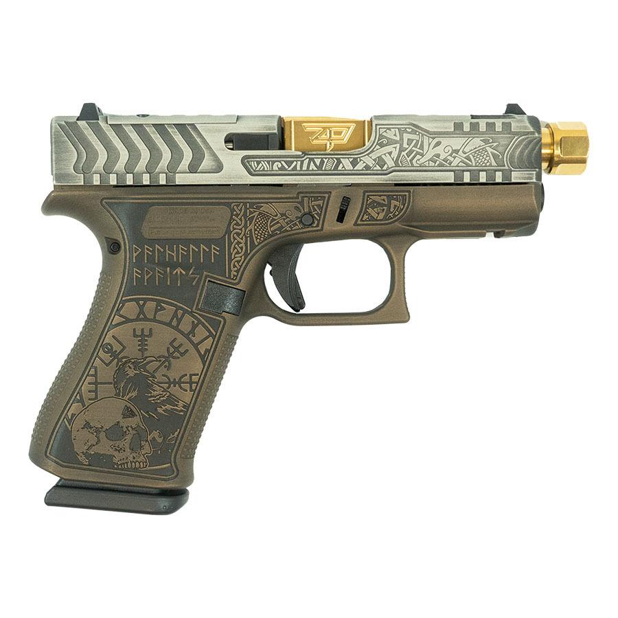 Glock 43X Custom "Viking" in Colonial Brown Handgun 9mm Luger 10rd Magazines (1) 3.9" Threaded Gold Barrel