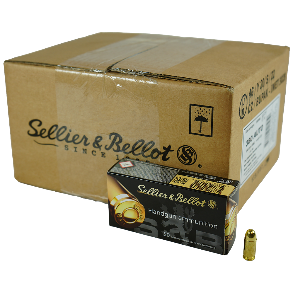 Sellier & Bellot Pistol & Revolver Ammo .380 ACP 92 gr FMJ 955fps 1000/ct Case (20-50/ct)